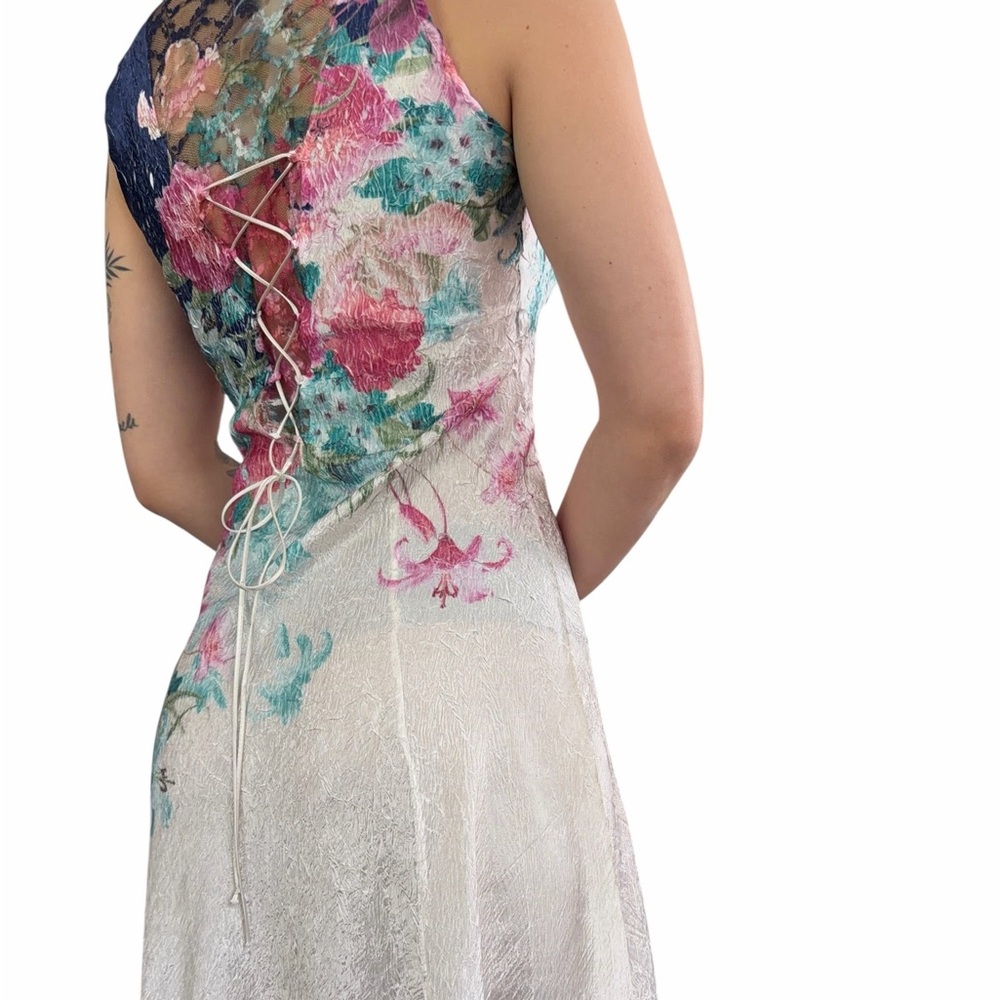 Komarov Floral Lace Maxi Dress Crinkle Satin Corset Back Cottagecore Romantic SM - Picture 4 of 15